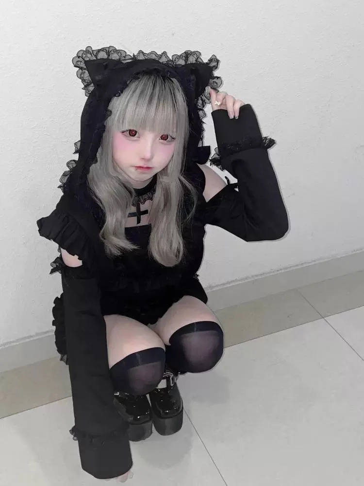 Jirai Kei Black And White Hoodie Cat Ears Hoodie Set