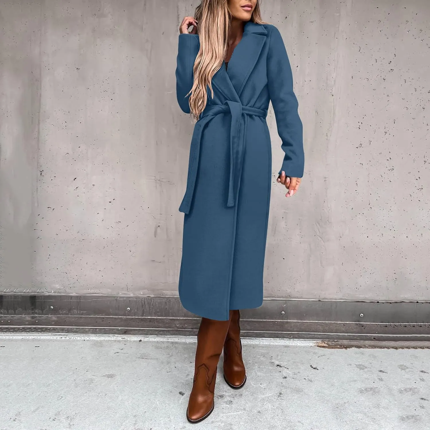 JOAU Women's Wool Coat Notched Collar Open Front Cardigan Pea Overcoat Winter Warm Long Trench Coats Jackets with Belt