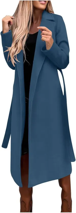 JOAU Women's Wool Coat Notched Collar Open Front Cardigan Pea Overcoat Winter Warm Long Trench Coats Jackets with Belt