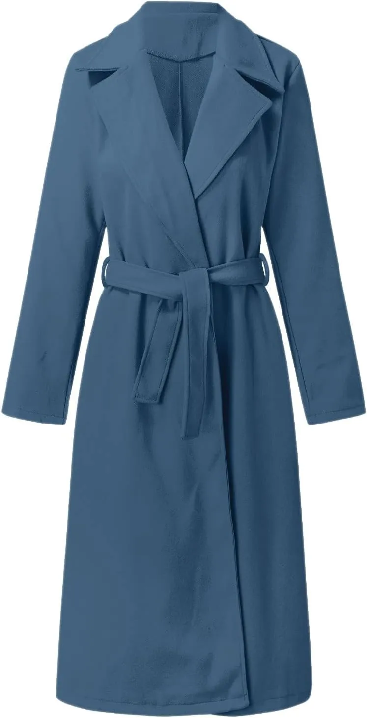 JOAU Women's Wool Coat Notched Collar Open Front Cardigan Pea Overcoat Winter Warm Long Trench Coats Jackets with Belt