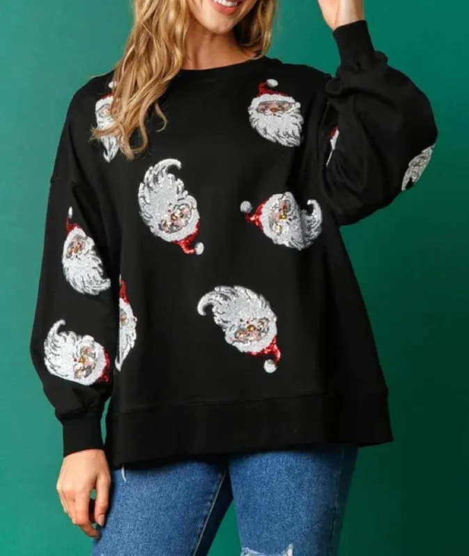 Juakoso Sequin Christmas Sweatshirts for Women Santa Nutcracker Oversized Sweater Shirts Long Sleeve Pullover Hoodies