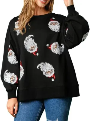Juakoso Sequin Christmas Sweatshirts for Women Santa Nutcracker Oversized Sweater Shirts Long Sleeve Pullover Hoodies