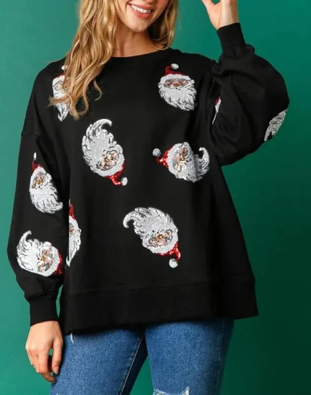 Juakoso Sequin Christmas Sweatshirts for Women Santa Nutcracker Oversized Sweater Shirts Long Sleeve Pullover Hoodies