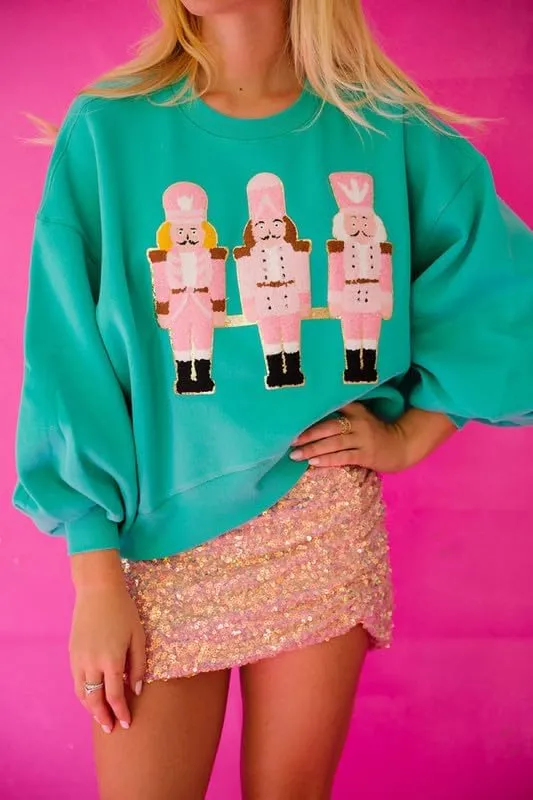 Juakoso Sequin Christmas Sweatshirts for Women Santa Nutcracker Oversized Sweater Shirts Long Sleeve Pullover Hoodies