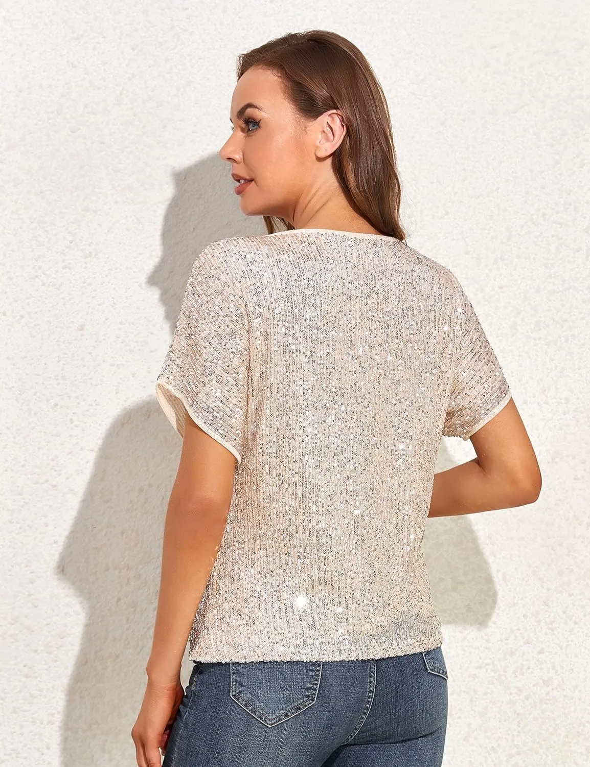 kayamiya Women's Sparkly Sequin Top Batwing Sleeve Glitter Party Shirts Blouse Dressy Tops