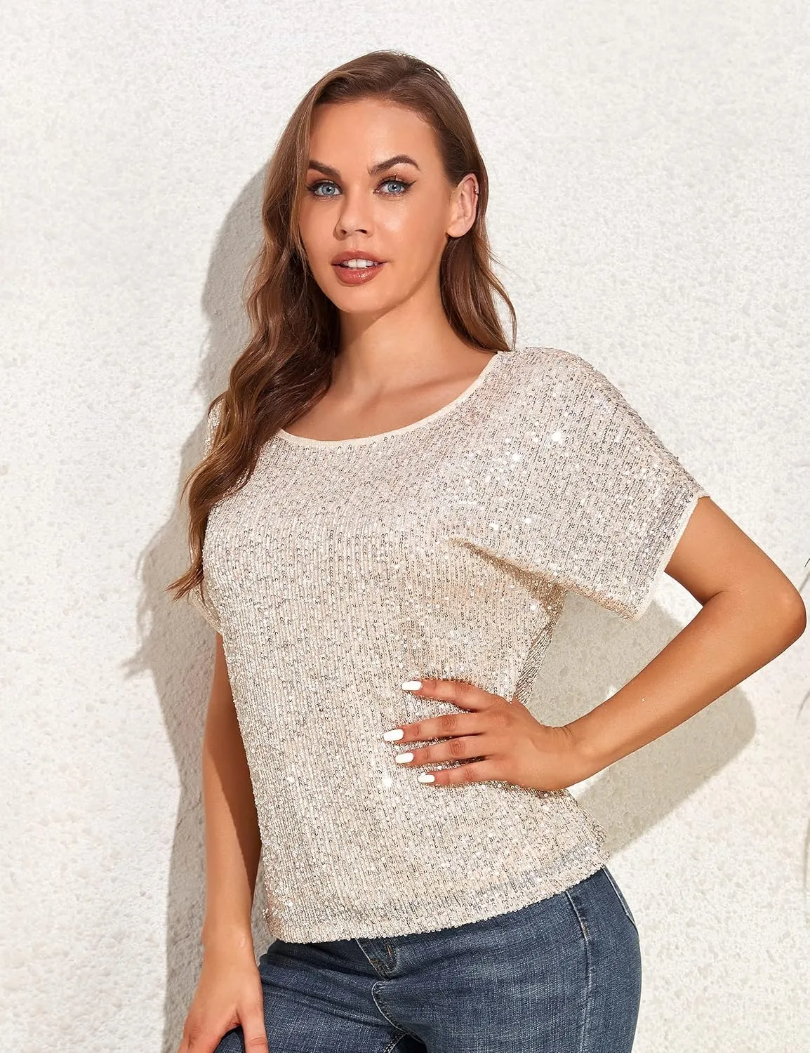 kayamiya Women's Sparkly Sequin Top Batwing Sleeve Glitter Party Shirts Blouse Dressy Tops
