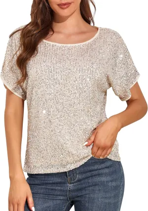 kayamiya Women's Sparkly Sequin Top Batwing Sleeve Glitter Party Shirts Blouse Dressy Tops