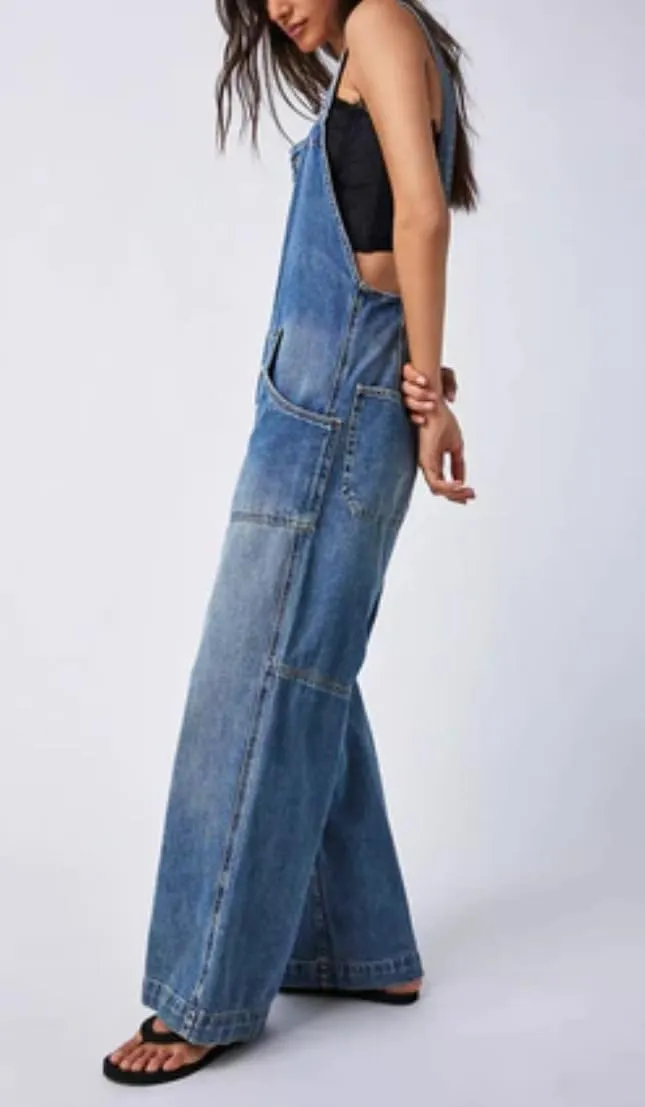 Kedera Women's Casual Baggy Denim Adjustable Denim Bib Overalls Loose Wide Leg Jeans Pants Jumpsuits with Pockets