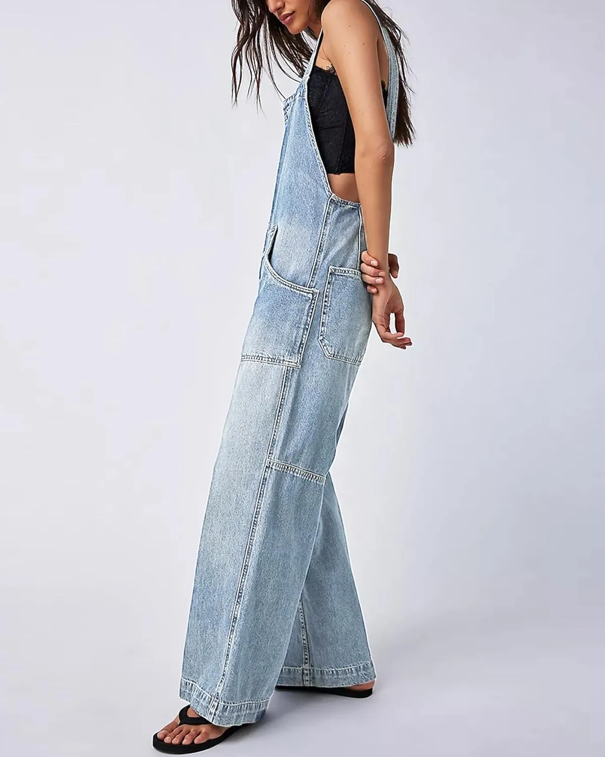 Kedera Women's Casual Baggy Denim Adjustable Denim Bib Overalls Loose Wide Leg Jeans Pants Jumpsuits with Pockets