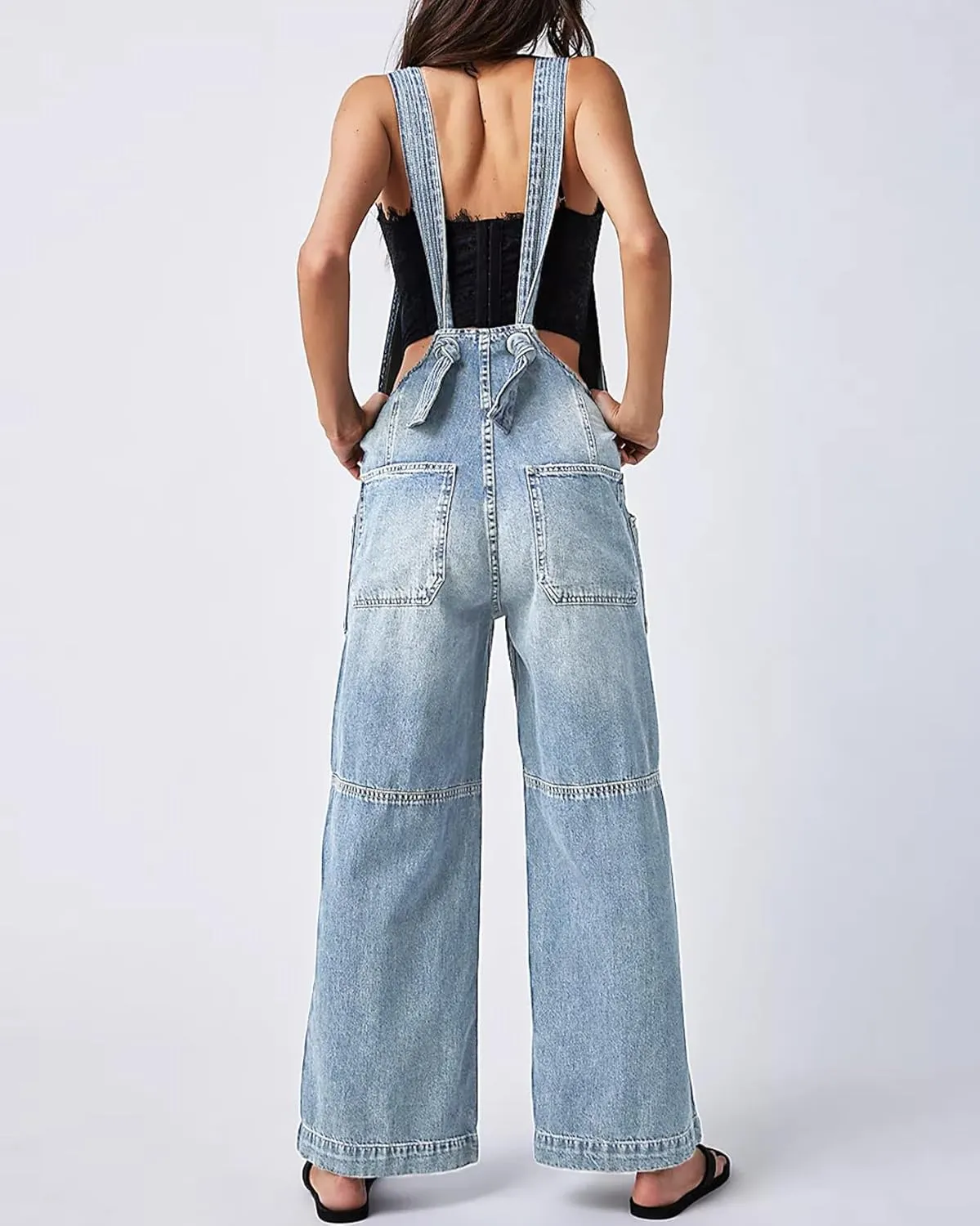 Kedera Women's Casual Baggy Denim Adjustable Denim Bib Overalls Loose Wide Leg Jeans Pants Jumpsuits with Pockets