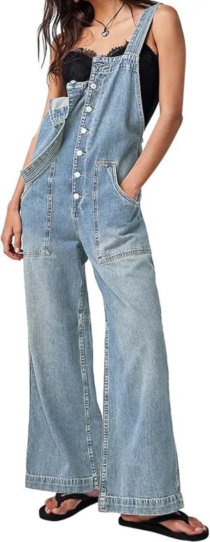 Kedera Women's Casual Baggy Denim Adjustable Denim Bib Overalls Loose Wide Leg Jeans Pants Jumpsuits with Pockets