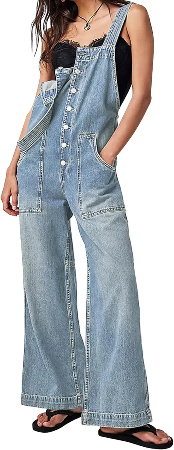 Kedera Women's Casual Baggy Denim Adjustable Denim Bib Overalls Loose Wide Leg Jeans Pants Jumpsuits with Pockets