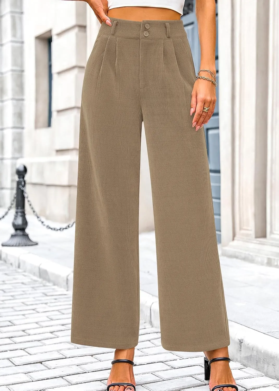 KIRUNDO Corduroy Pants Women High Waisted Wide Leg Pants Business Casual Fall Winter Straight Loose Trousers with Pockets