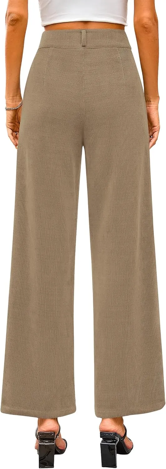 KIRUNDO Corduroy Pants Women High Waisted Wide Leg Pants Business Casual Fall Winter Straight Loose Trousers with Pockets