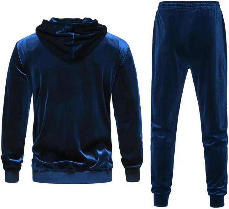 KISSQIQI Mens 2 Pieces Velour Tracksuits Velvet Outfits Sweatsuits Jogging Sport Suits Jacket Pants hooded Tracksuit