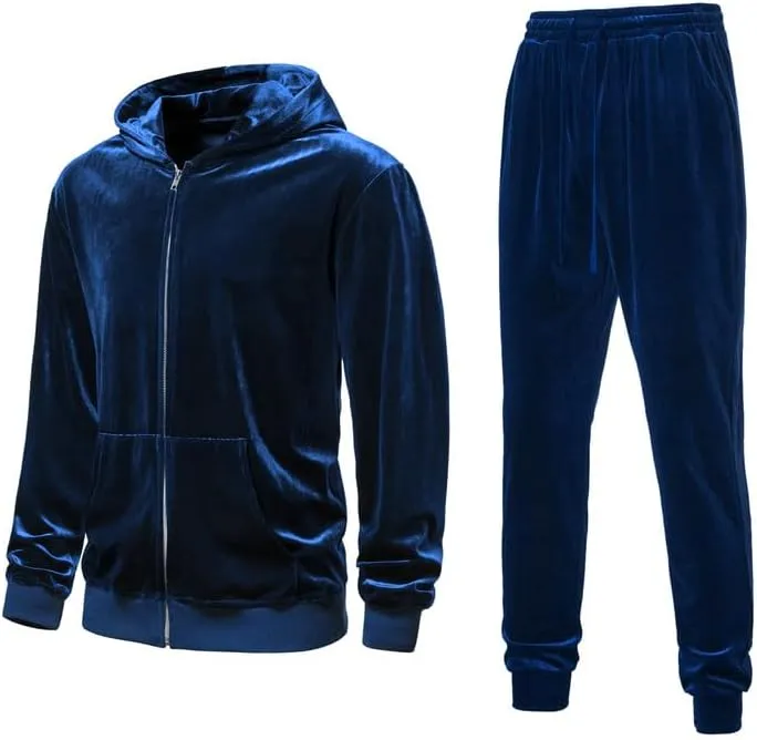 KISSQIQI Mens 2 Pieces Velour Tracksuits Velvet Outfits Sweatsuits Jogging Sport Suits Jacket Pants hooded Tracksuit