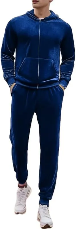 KISSQIQI Mens 2 Pieces Velour Tracksuits Velvet Outfits Sweatsuits Jogging Sport Suits Jacket Pants hooded Tracksuit