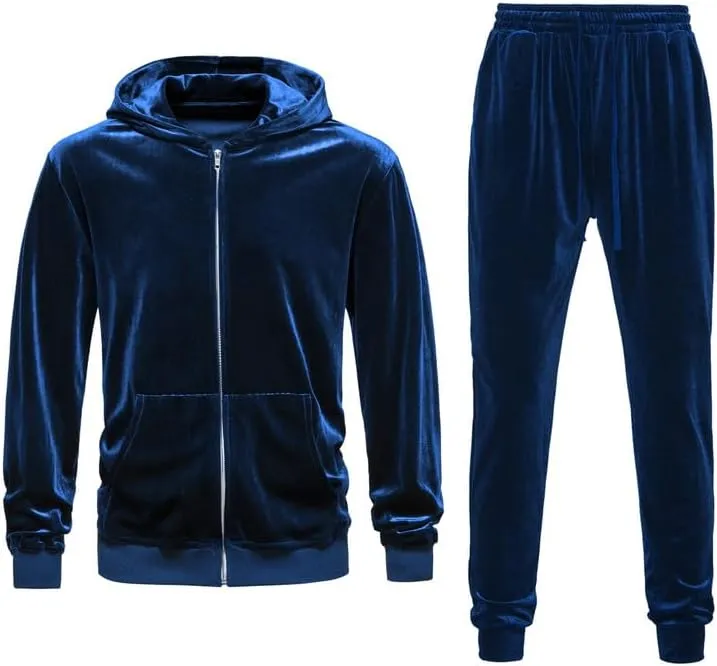 KISSQIQI Mens 2 Pieces Velour Tracksuits Velvet Outfits Sweatsuits Jogging Sport Suits Jacket Pants hooded Tracksuit