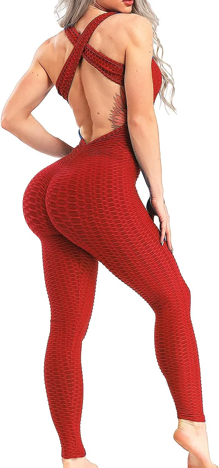 KIWI RATA One Piece Jumpsuits for Women Sleeveles Textured Gym Bodycon Backless Scrunch Butt Rompers