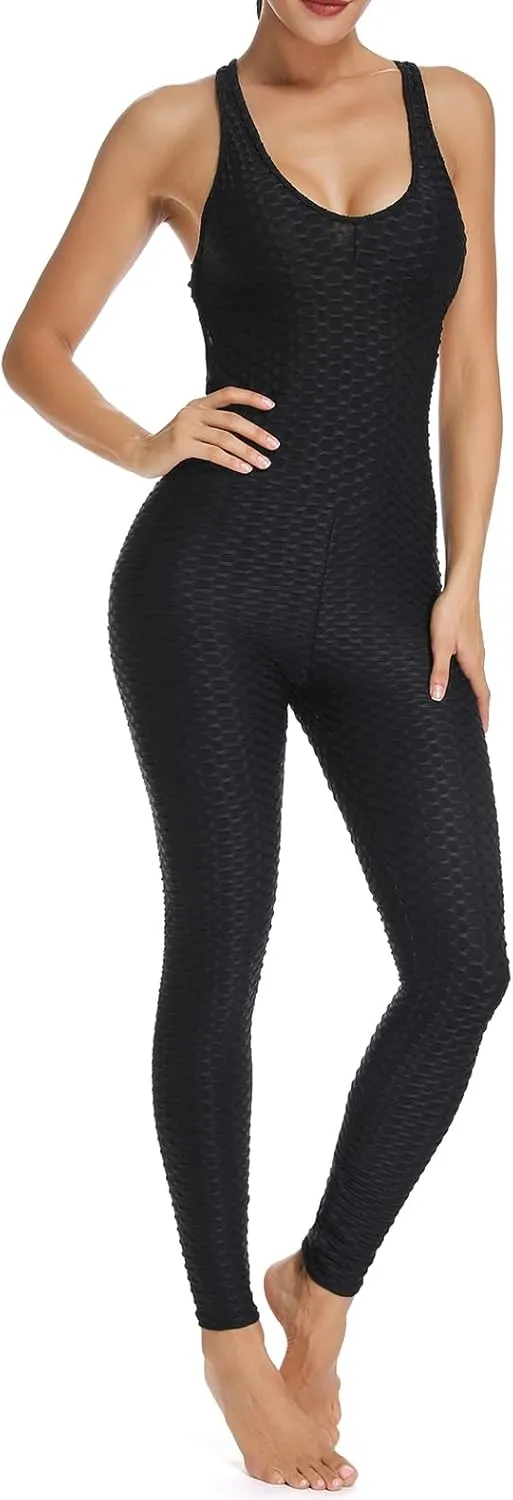 KIWI RATA One Piece Jumpsuits for Women Sleeveles Textured Gym Bodycon Backless Scrunch Butt Rompers