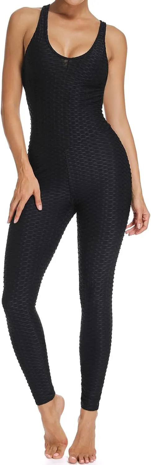 KIWI RATA One Piece Jumpsuits for Women Sleeveles Textured Gym Bodycon Backless Scrunch Butt Rompers