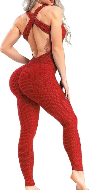 KIWI RATA One Piece Jumpsuits for Women Sleeveles Textured Gym Bodycon Backless Scrunch Butt Rompers