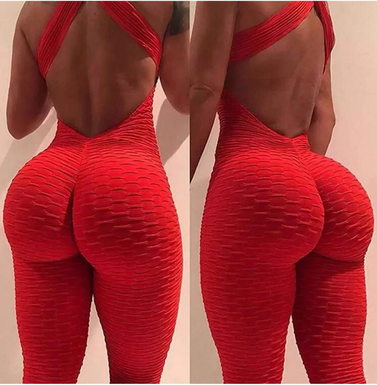 KIWI RATA One Piece Jumpsuits for Women Sleeveles Textured Gym Bodycon Backless Scrunch Butt Rompers