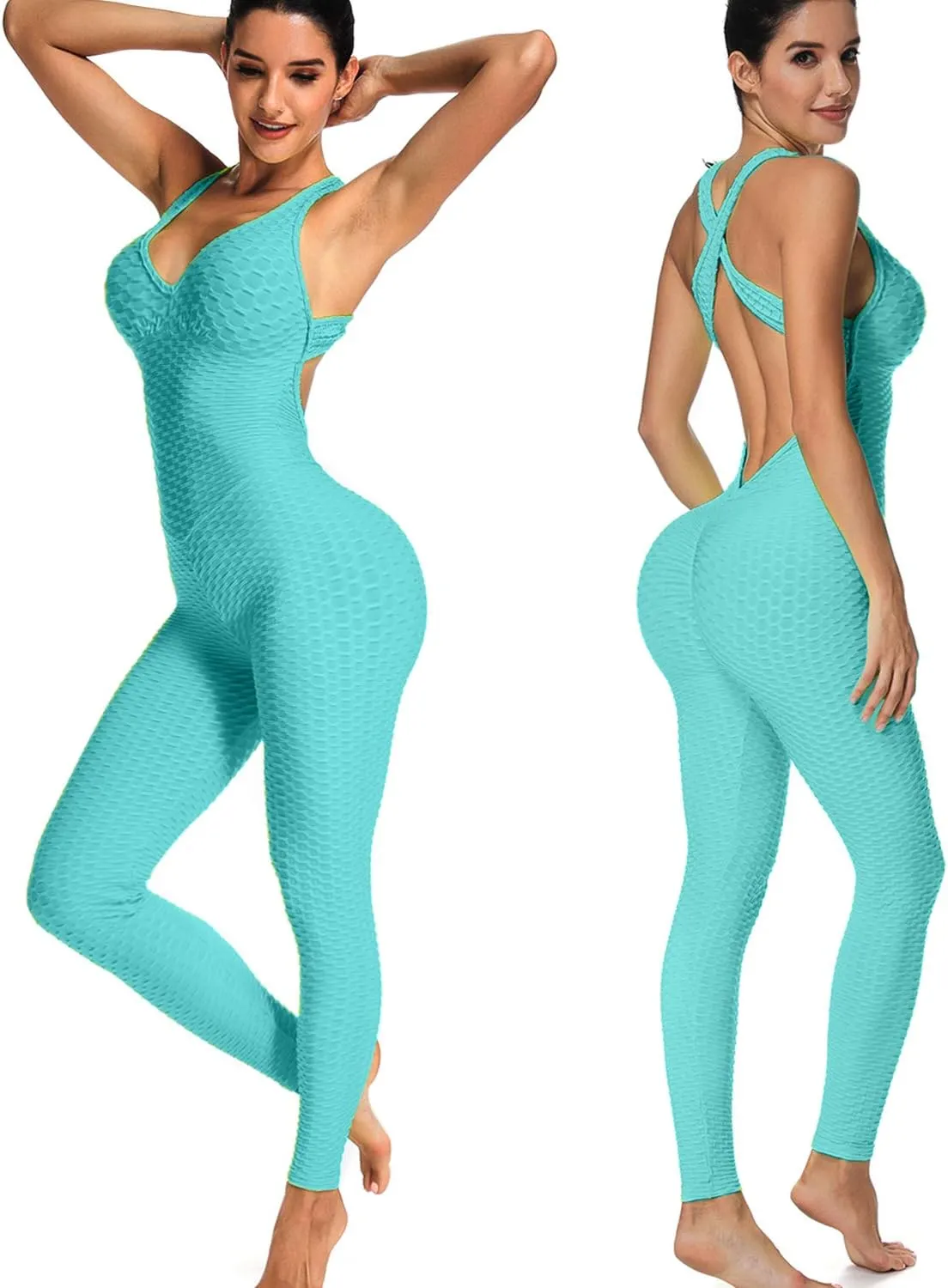 KIWI RATA One Piece Jumpsuits for Women Sleeveles Textured Gym Bodycon Backless Scrunch Butt Rompers