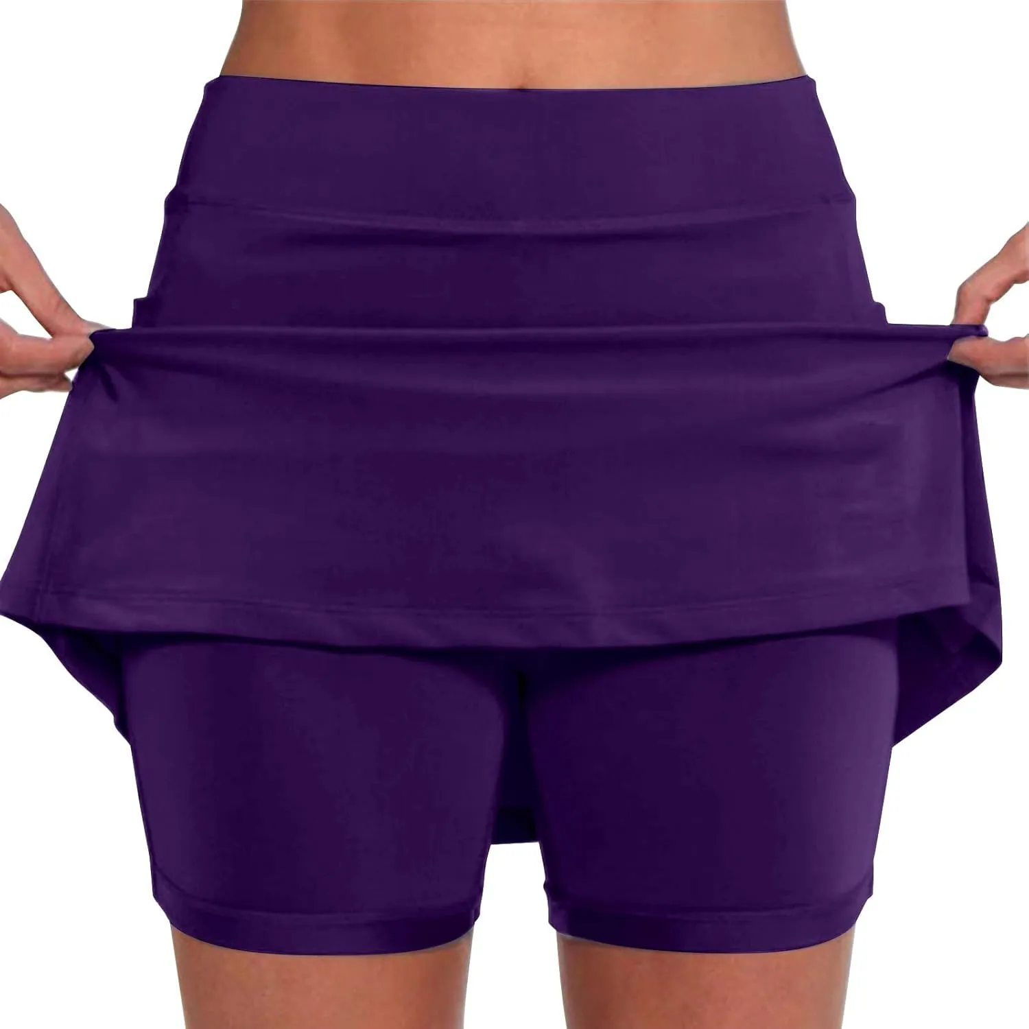 Knee Length Skorts Skirts for Women,Tummy Control Loose Fit Skorts with Pockets Mid Waist Athletic Solid Color Skirt
