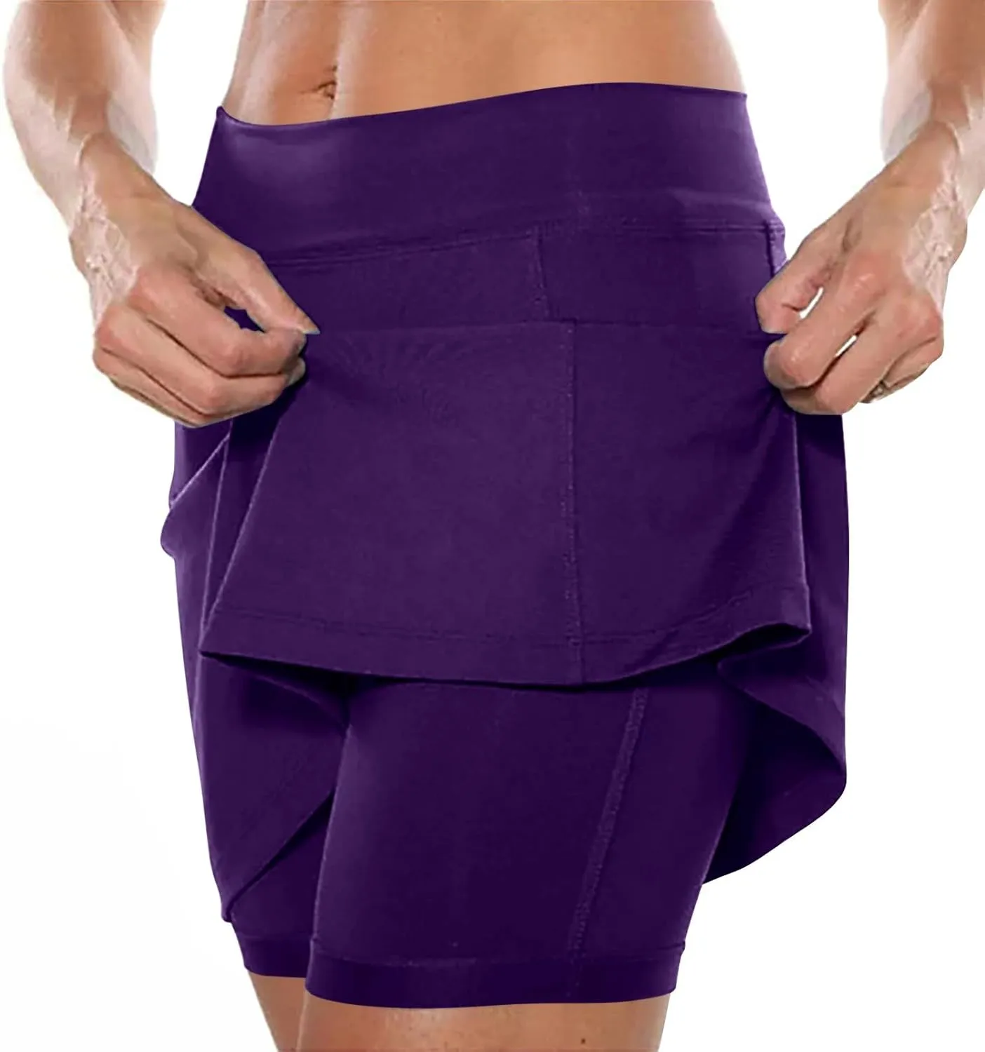 Knee Length Skorts Skirts for Women,Tummy Control Loose Fit Skorts with Pockets Mid Waist Athletic Solid Color Skirt