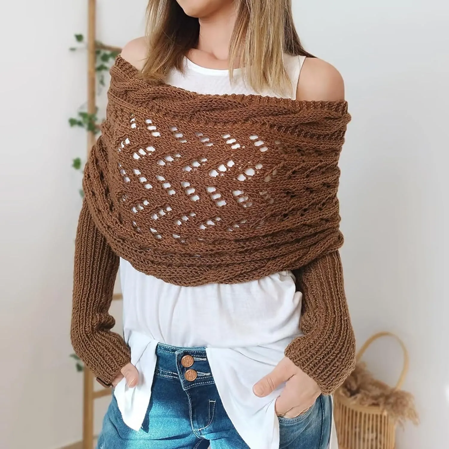 Knitted Cable Wrap, Shrugs for Women, Knitted Wrap, Scarf with Sleeves for Women, Sleeve Wrap Scarf Shawl
