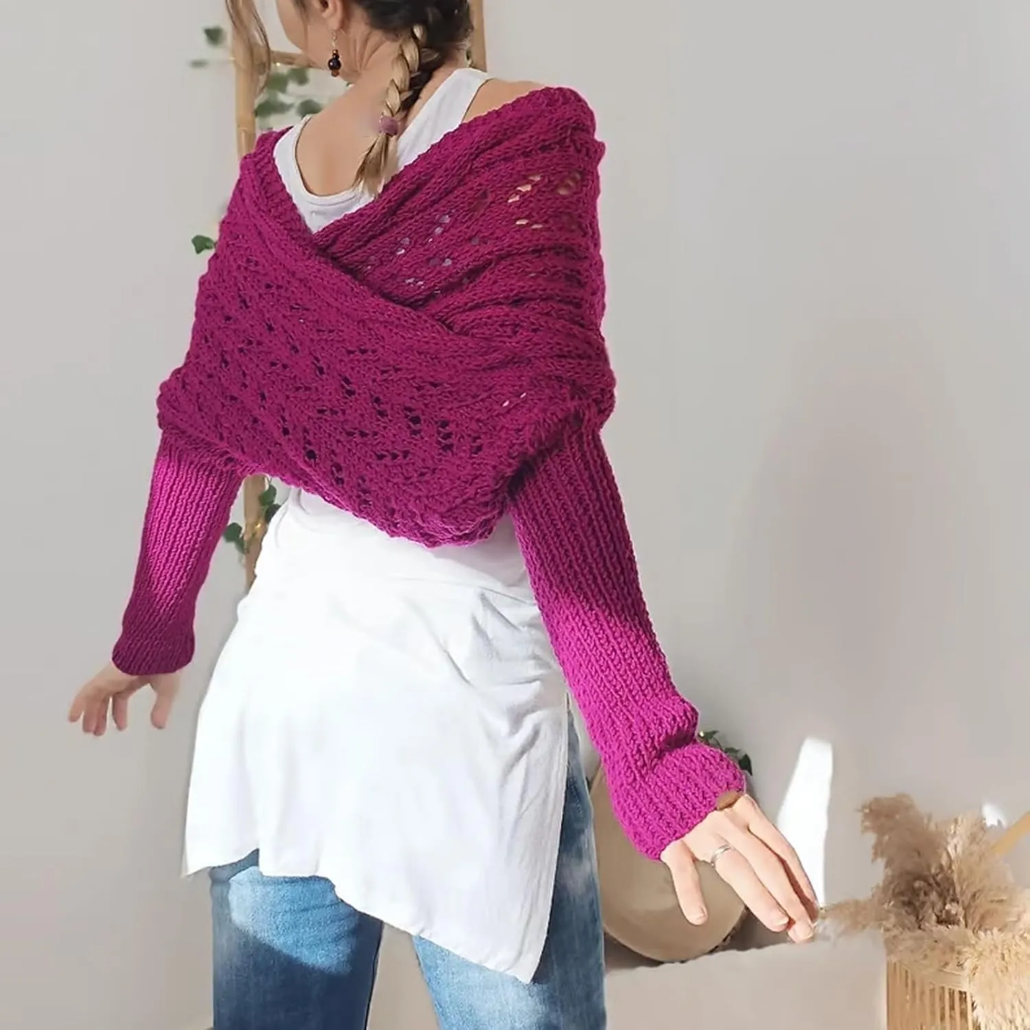 Knitted Cable Wrap, Shrugs for Women, Knitted Wrap, Scarf with Sleeves for Women, Sleeve Wrap Scarf Shawl