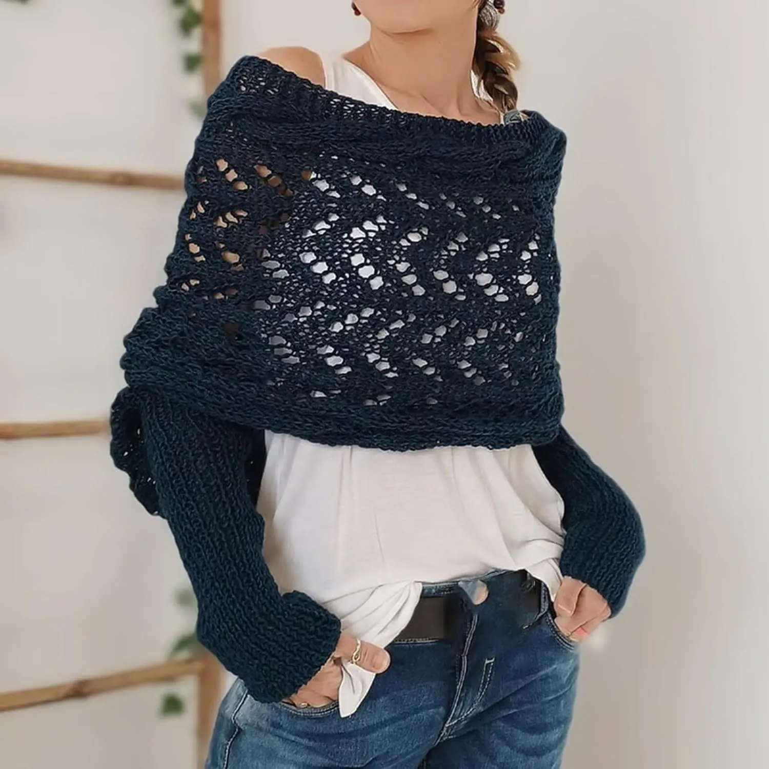 Knitted Cable Wrap, Shrugs for Women, Knitted Wrap, Scarf with Sleeves for Women, Sleeve Wrap Scarf Shawl