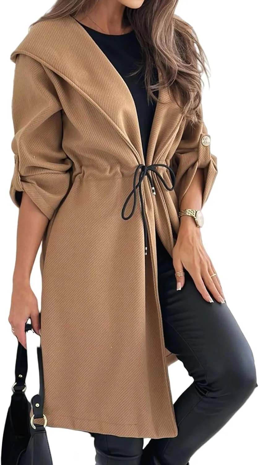 Kubbon Womens Pea Coat Open Front Long Hooded Jacket Elegant Long Sleeve Lapel Collar Trench Coat with A Tie at The Waist