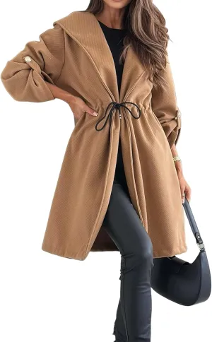 Kubbon Womens Pea Coat Open Front Long Hooded Jacket Elegant Long Sleeve Lapel Collar Trench Coat with A Tie at The Waist