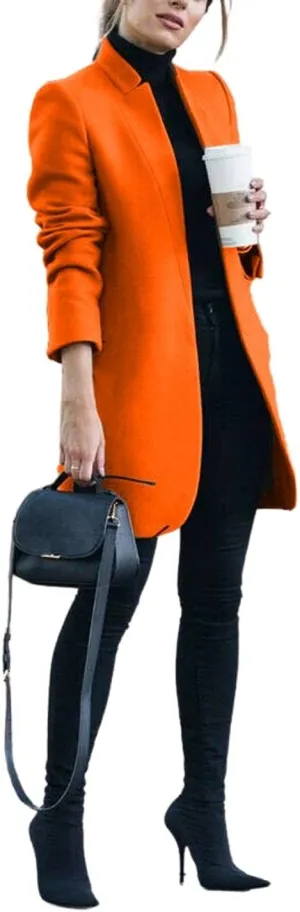 Kwoki Women's Stand Collar Open Front Pea Coat Casual Winter Warm Mid Long Blazer Trench Coats Overcoat Outerwear 0181-Orange-M