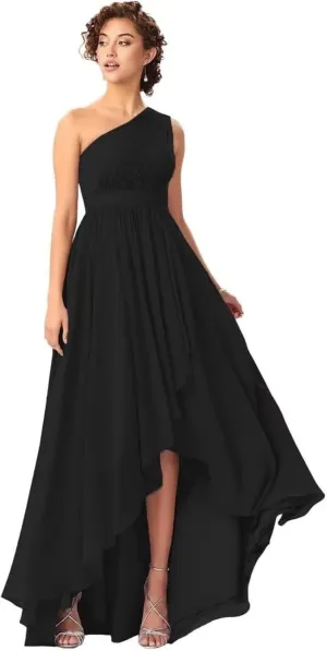 Kyeuan One Shoulder Bridesmaid Dresses for Women Hi-Lo Chiffon Formal Evening Gowns with Pockets Party Dress for Girls