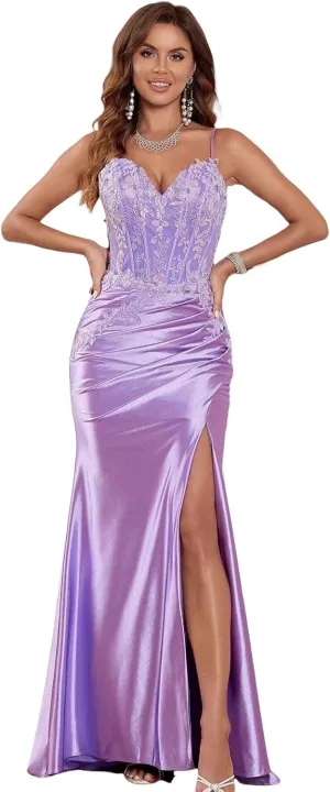 Lace Applique Satin Prom Dress Mermaid with Slit Sexy Spaghetti Strap Evening Dress V Neck Formal Party Gown