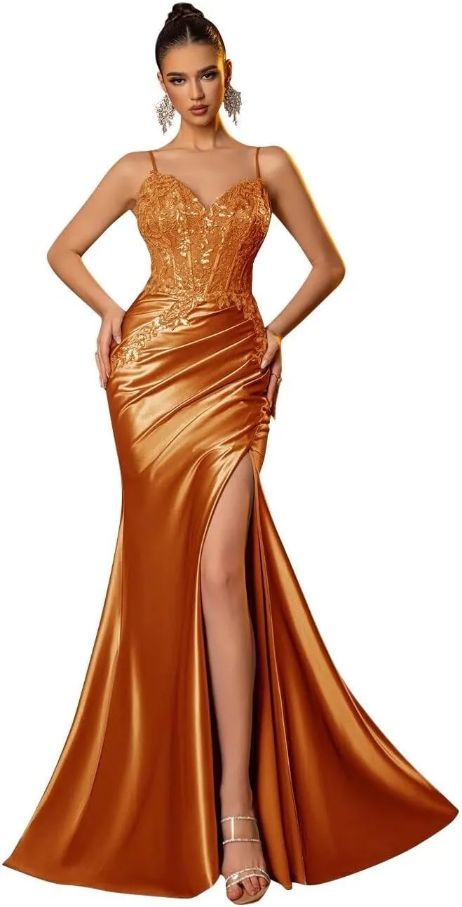 Lace Applique Satin Prom Dress Mermaid with Slit Sexy Spaghetti Strap Evening Dress V Neck Formal Party Gown