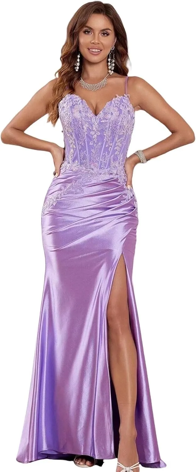 Lace Applique Satin Prom Dress Mermaid with Slit Sexy Spaghetti Strap Evening Dress V Neck Formal Party Gown
