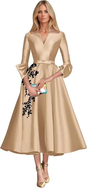 Lace Appliques A-Line Mother of The Bridesmaid Dresses 3/4 Sleeves Slit V-Neck Prom Wedding Party Gowns with Pockets DR0722