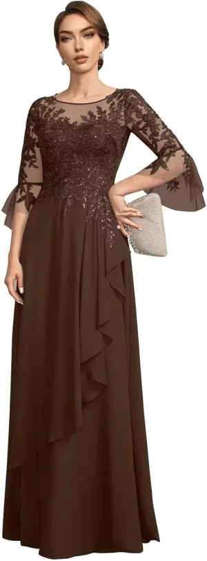 Lace Appliques Mother of The Bride Dresses A-Line 3/4 Sleeve Formal Evening Party Gowns for Women
