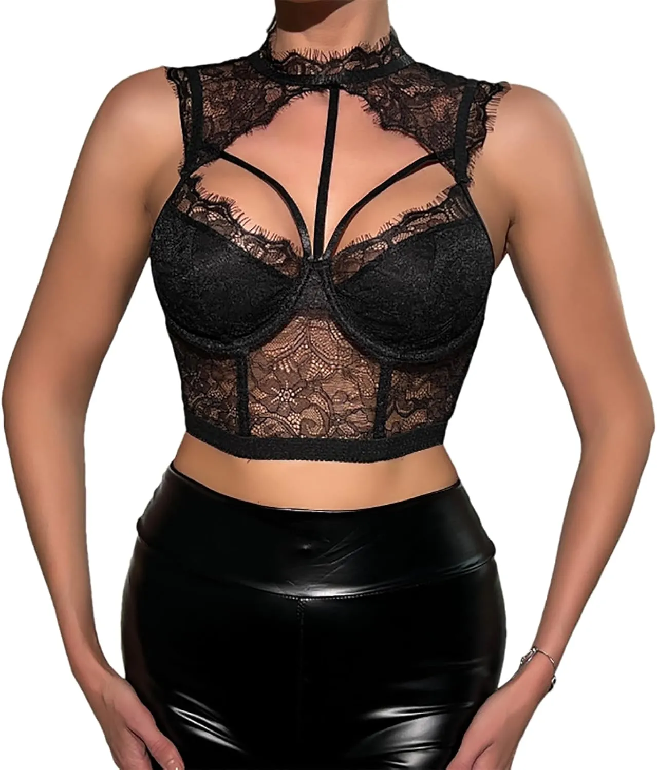 Lace Bralette for Women High Neck Camisoles Cutout Front Tops Two Layer Crop Top Bustier