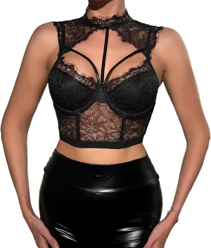 Lace Bralette for Women High Neck Camisoles Cutout Front Tops Two Layer Crop Top Bustier