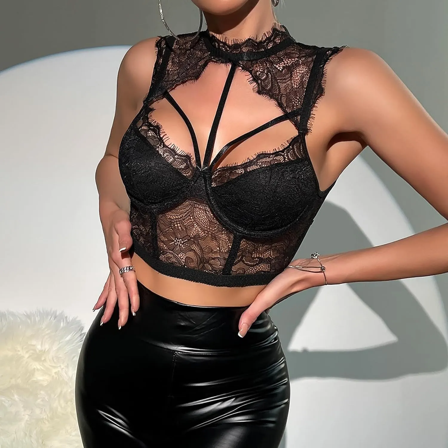 Lace Bralette for Women High Neck Camisoles Cutout Front Tops Two Layer Crop Top Bustier