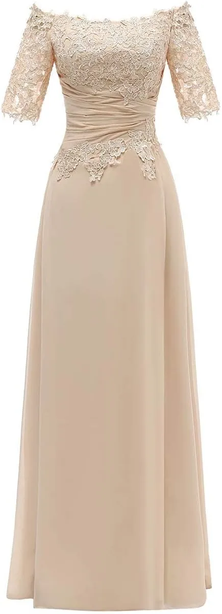Lace Mother of The Bride Dress Off The Shoulder Evening Dress Short Sleeve Long Chiffon Wedding Guest Dresses for Women