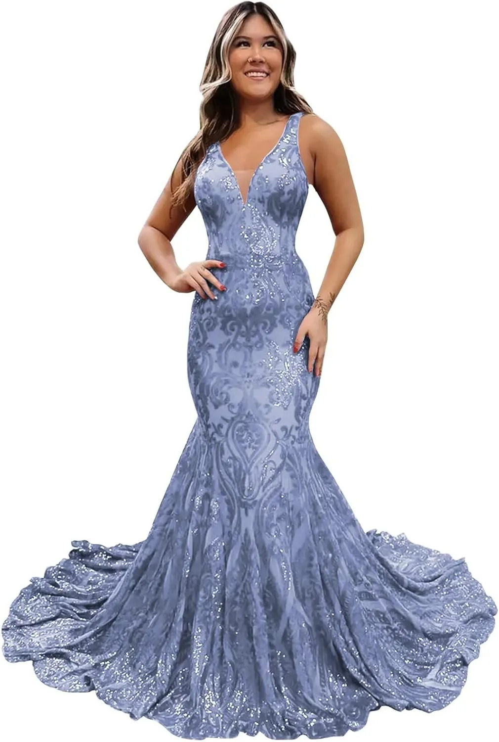Lace Sequin Prom Dress Sparkly Long V Neck Mermaid Formal Evening Ball Gown for Women