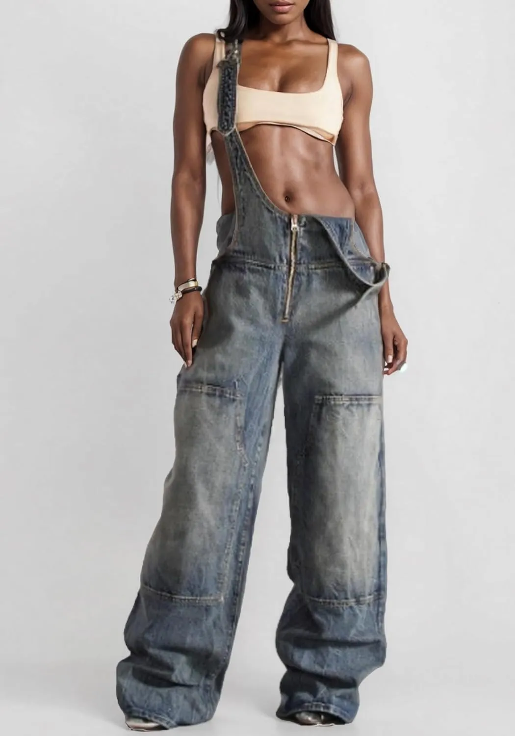 LAJIOJIO Denim Overalls for Women Casual Wide Leg Pants Baggy Jean Vintage Jumpsuit with Pockets