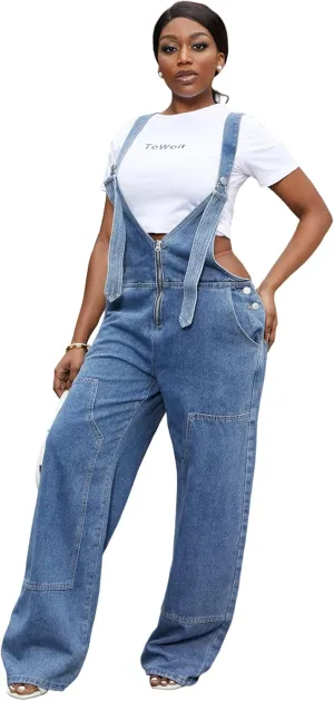LAJIOJIO Denim Overalls for Women Casual Wide Leg Pants Baggy Jean Vintage Jumpsuit with Pockets