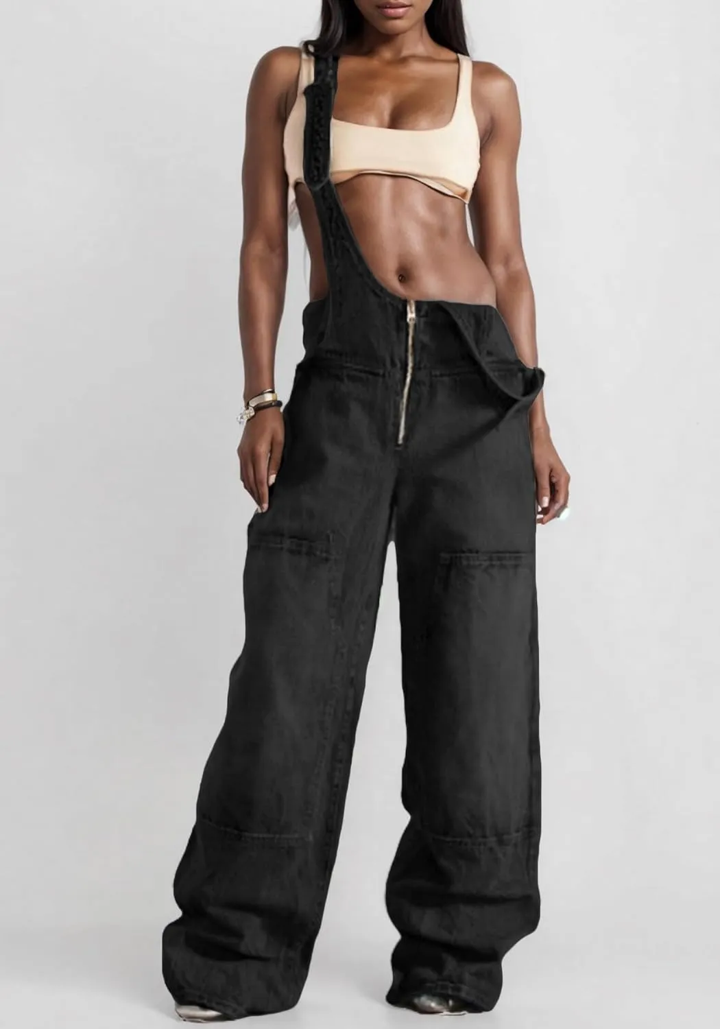 LAJIOJIO Denim Overalls for Women Casual Wide Leg Pants Baggy Jean Vintage Jumpsuit with Pockets